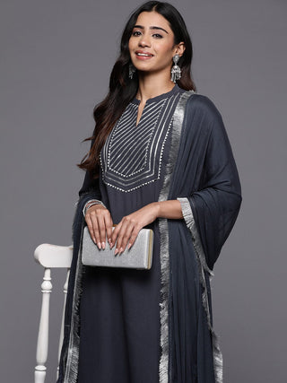 Grey Cotton Blend Gota Embroidered Straight Shape Suit Set with Silk Chiffon Dupatta