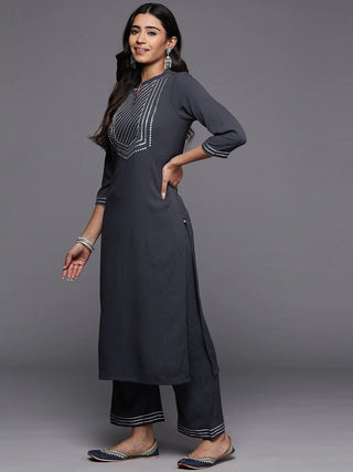 Grey Cotton Blend Gota Embroidered Straight Shape Suit Set with Silk Chiffon Dupatta