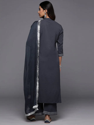 Grey Cotton Blend Gota Embroidered Straight Shape Suit Set with Silk Chiffon Dupatta