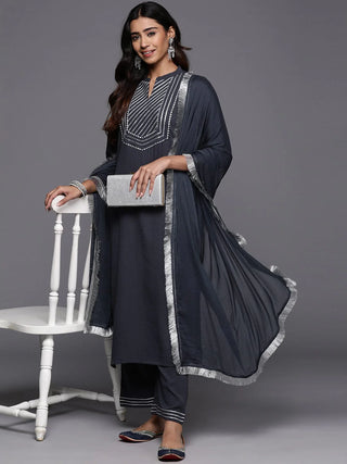 Grey Cotton Blend Gota Embroidered Straight Shape Suit Set with Silk Chiffon Dupatta