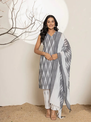 Grey Cotton Ikat Print Suit Set with Dupatta