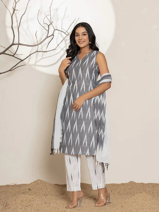 Grey Cotton Ikat Print Suit Set with Dupatta