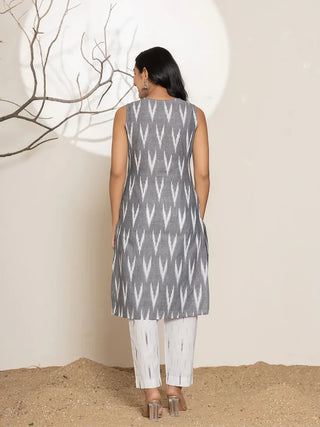 Grey Cotton Ikat Print Suit Set with Dupatta