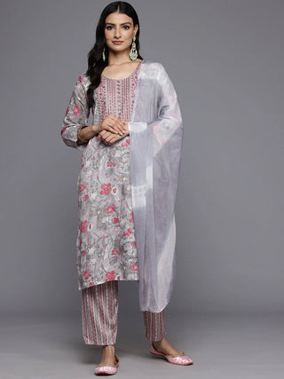 Grey Viscose Rayon Printed & Embroidered Suit Set with Silk Chiffon Dupatta