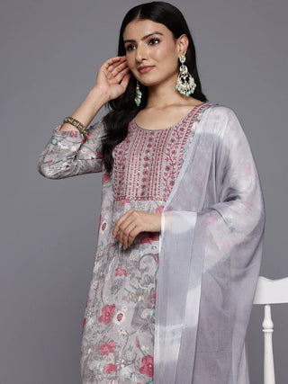 Grey Viscose Rayon Printed & Embroidered Suit Set with Silk Chiffon Dupatta