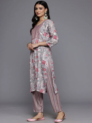 Grey Viscose Rayon Printed & Embroidered Suit Set with Silk Chiffon Dupatta