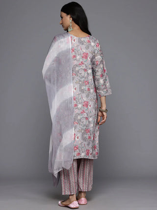 Grey Viscose Rayon Printed & Embroidered Suit Set with Silk Chiffon Dupatta