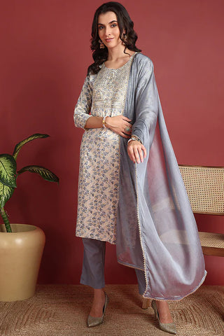 Grey Viscose Rayon Printed & Embroidered Straight Shape Suit Set with Dupatta