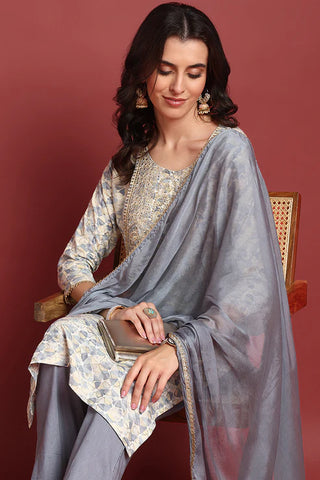 Grey Viscose Rayon Printed & Embroidered Straight Shape Suit Set with Dupatta