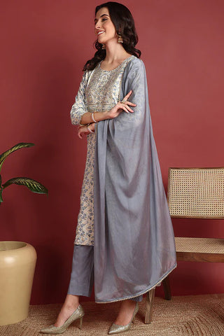 Grey Viscose Rayon Printed & Embroidered Straight Shape Suit Set with Dupatta