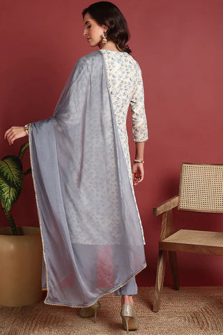 Grey Viscose Rayon Printed & Embroidered Straight Shape Suit Set with Dupatta