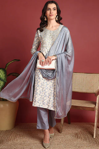 Grey Viscose Rayon Printed & Embroidered Straight Shape Suit Set with Dupatta
