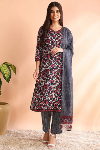 Grey Rayon Blend Floral Print Straight Shape Suit Set with Dupatta