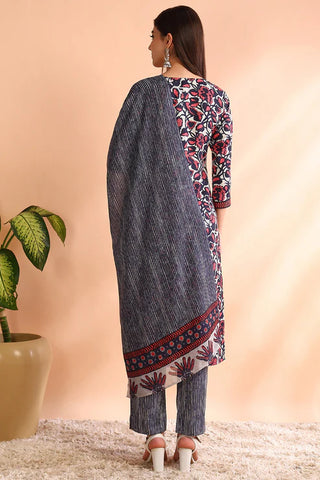 Grey Rayon Blend Floral Print Straight Shape Suit Set with Dupatta