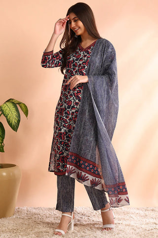 Grey Rayon Blend Floral Print Straight Shape Suit Set with Dupatta