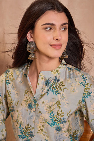Grey Silk Blend Regular Style Floral Print Kurta