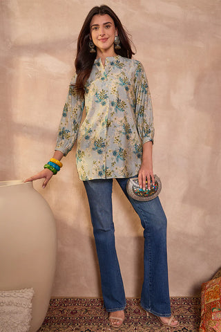 Grey Silk Blend Regular Style Floral Print Kurta