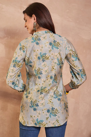 Grey Silk Blend Regular Style Floral Print Kurta
