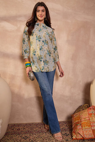 Grey Silk Blend Regular Style Floral Print Kurta
