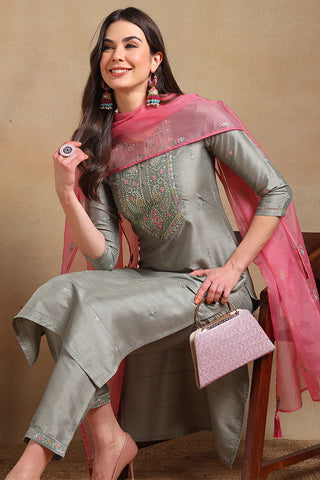 Grey Silk Blend Embroidered Straight Shape Suit Set with Organza Dupatta