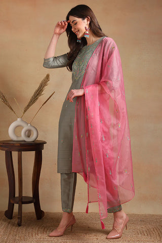 Grey Silk Blend Embroidered Straight Shape Suit Set with Organza Dupatta