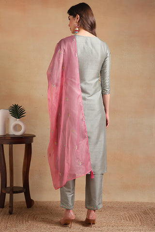 Grey Silk Blend Embroidered Straight Shape Suit Set with Organza Dupatta