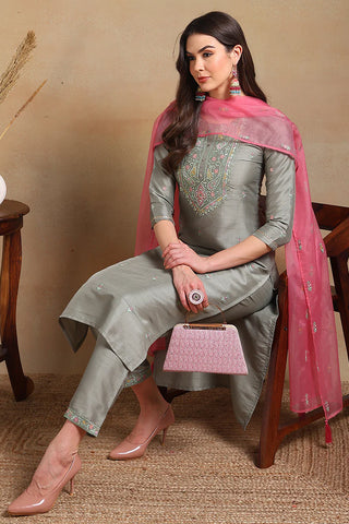 Grey Silk Blend Embroidered Straight Shape Suit Set with Organza Dupatta