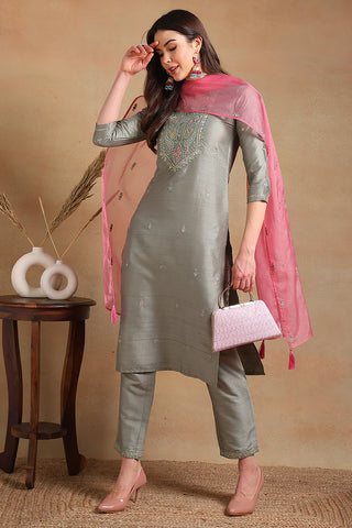 Grey Silk Blend Embroidered Straight Shape Suit Set with Organza Dupatta