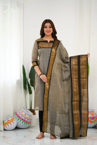 Grey Jari Weaving Straight Shape Suit Set with Dupatta