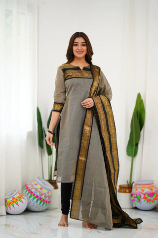 Grey Jari Weaving Straight Shape Suit Set with Dupatta