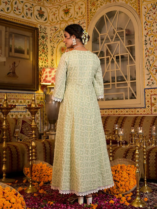 Cotton  Green Chikankari Sequins Embroidered Angrakha Style Anarkali Set With Organza Dupatta