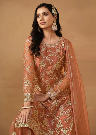 Tangy Brown Net Embroidered Sharara Set