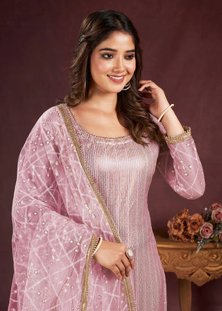 Pink Embroidered Butterfly Net Salwar Suit Set
