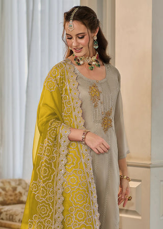 Beige & Yellow Soft Organza Embroidered Suit Set