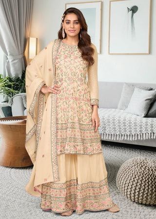Beige Embroidered Chinnon Palazzo Suit Set