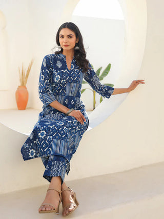 Indigo Blue Pure Cotton Motifs Print Straight Shape Kurta Bottom Set