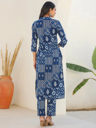 Indigo Blue Pure Cotton Motifs Print Straight Shape Kurta Bottom Set
