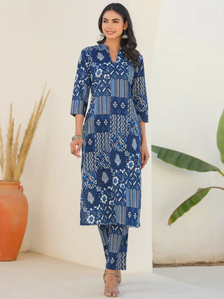 Indigo Blue Pure Cotton Motifs Print Straight Shape Kurta Bottom Set
