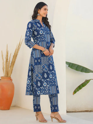 Indigo Blue Pure Cotton Motifs Print Straight Shape Kurta Bottom Set