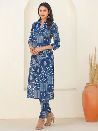 Indigo Blue Pure Cotton Motifs Print Straight Shape Kurta Bottom Set