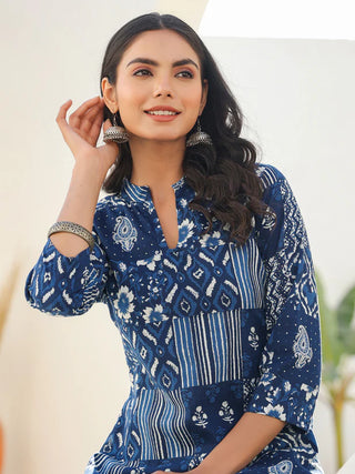 Indigo Blue Pure Cotton Motifs Print Straight Shape Kurta Bottom Set