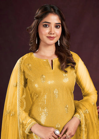 Yellow Embroidered Butterfly Net Salwar Suit Set