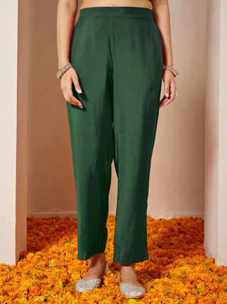 Green Chanderi Silk Blend Yoke Embroidered Front Slit Kurta Bottom Set