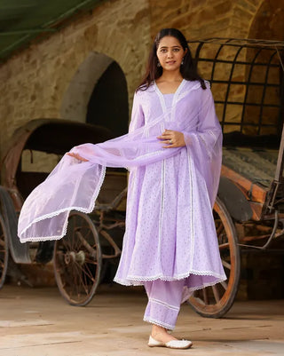 Lavender Cotton Minimal Thread Embroidered Anarkali Suit Set with Organza Dupatta