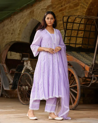 Lavender Cotton Minimal Thread Embroidered Anarkali Suit Set with Organza Dupatta