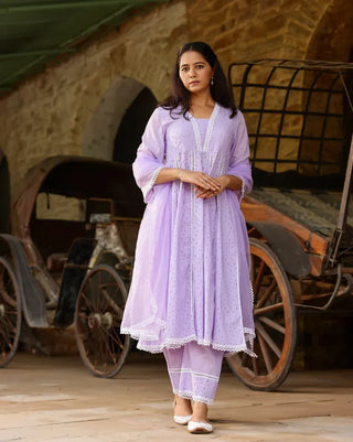 Lavender Cotton Minimal Thread Embroidered Anarkali Suit Set with Organza Dupatta