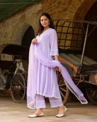Lavender Cotton Minimal Thread Embroidered Anarkali Suit Set with Organza Dupatta