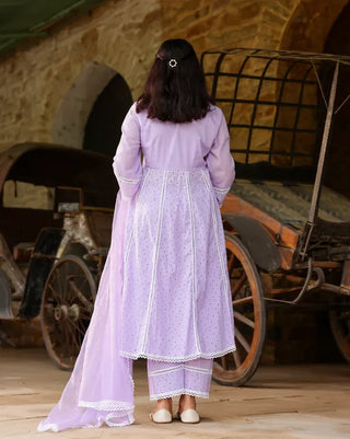 Lavender Cotton Minimal Thread Embroidered Anarkali Suit Set with Organza Dupatta