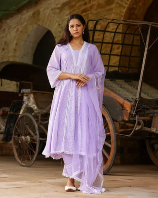 Lavender Cotton Minimal Thread Embroidered Anarkali Suit Set with Organza Dupatta