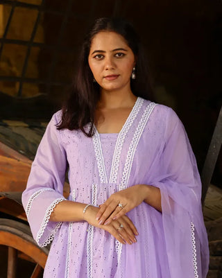 Lavender Cotton Minimal Thread Embroidered Anarkali Suit Set with Organza Dupatta